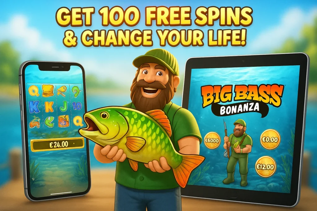 Fisherman showing a big catch with Big Bass Bonanza game on mobile and tablet, offering 100 Free Spins.