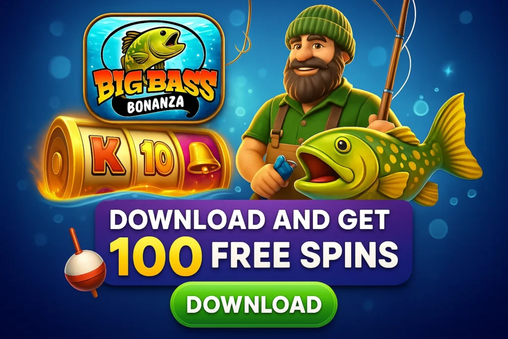 Fisherman showing a big catch with Big Bass Bonanza game on mobile and tablet, offering 100 Free Spins.